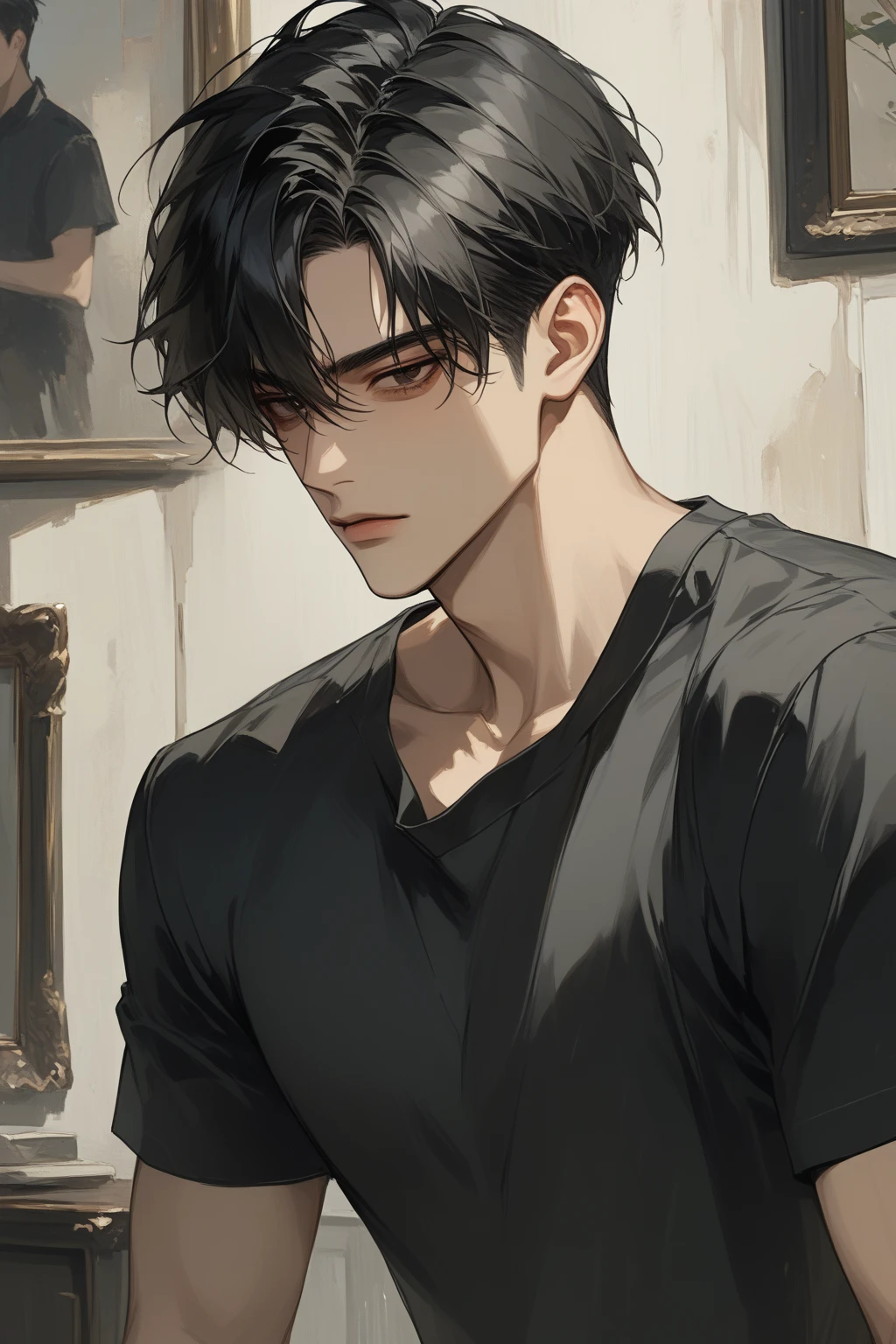 (score_9, score_8_up), short hair, masterpiece, best quality, 1 man , black hair , perfect face , black eye , handsome male , Alone, adult male , delicate line drawingimpasto, masterpiece, high resolution, Top quality, unique , 1 male , tanned skin , black haired, black t-shirts, an old room