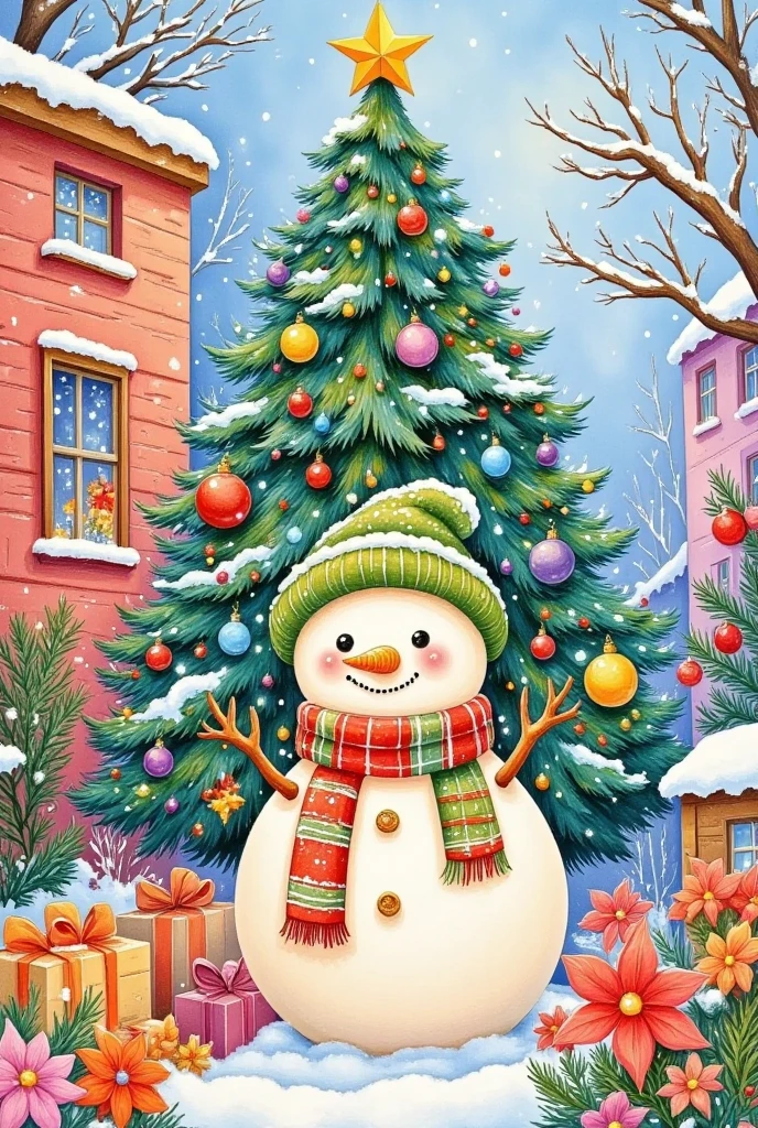 Oil painting illustration：  Christmas，It was snowing outside the window，A colorful  Christmas stocking and an adorable snowman placed inside a christmas tree on a surface covered with snow. 圣诞树上系着一个鲜艳的红色蝴蝶结,为场景增添了鲜艳的色彩. 背景是柔和的红色,营造温暖和节日的氛围.  high quality , high-resolution , Ultra Realistic , detailed,vibrant colors,冬季假期主题,Cheerful,Comfort,Artistic Expression.。粗糙的笔触和纹理 