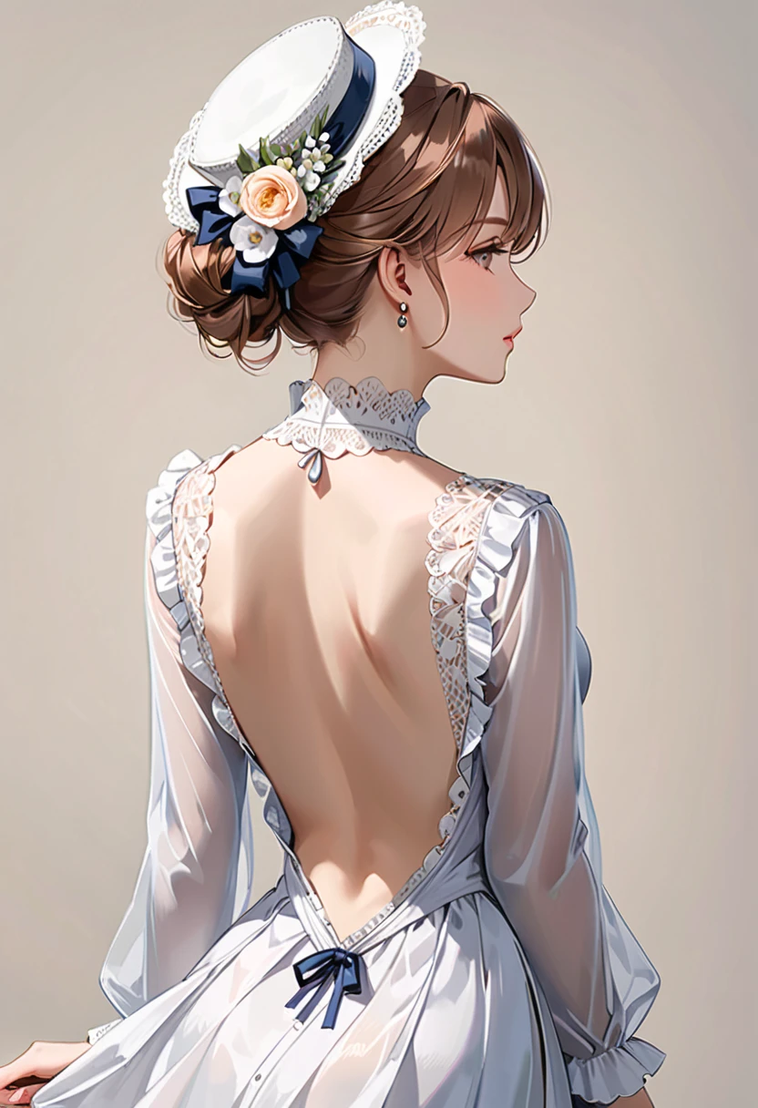 ((Top quality, masterpiece, freak, super resolution)), 1 girl, Japanese model,16 years old,Short bomb hair,A stunning bridal gown featuring a fitted bodice adorned with intricate lace appliqués and beadwork. The dress has a high illusion neckline with sheer lace sleeves that flare out gracefully at the wrists, decorated with delicate lace patterns. The full ball gown skirt is made of layers of tulle, creating a voluminous and ethereal silhouette. The dress also features a long, flowing train that adds to its majestic appearance. The back of the gown is equally exquisite, with a row of delicate buttons and a subtle lace overlay. This enchanting dress is perfect for a fairytale wedding.


