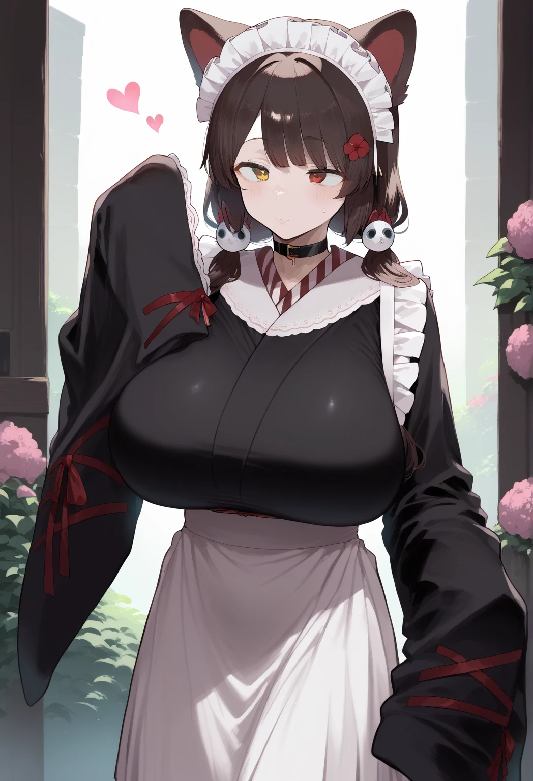   surreal, , flower,   twin tails, low   twin tails,   long hair , dog girl、   girl standing 、 dark brown hair 、
  choker  ,   maid's headdress ,   black kimono  ,    wide sleeve, frills, heart,   white apron,  Sleeves Over Wrist ,   skirt, red   skirt, perfect face,   perfect lighting,,   SEXY WOMEN  , huge breasts,、 lift your chest