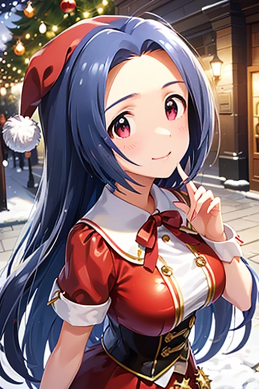  longhair ,  , ( clevis on a stone, split bang), (Sparkling Eyes, fine grain)、smile、 super detailed eyes、 very detailed face,  highly detailed eyes ,
Two-dimensional beautiful girl、、, Santa Costume ,,, Red Mini Skirt ,Christmas Street ,snow、 Pueros realistic thin face 、 cute gesture 、 very beautiful