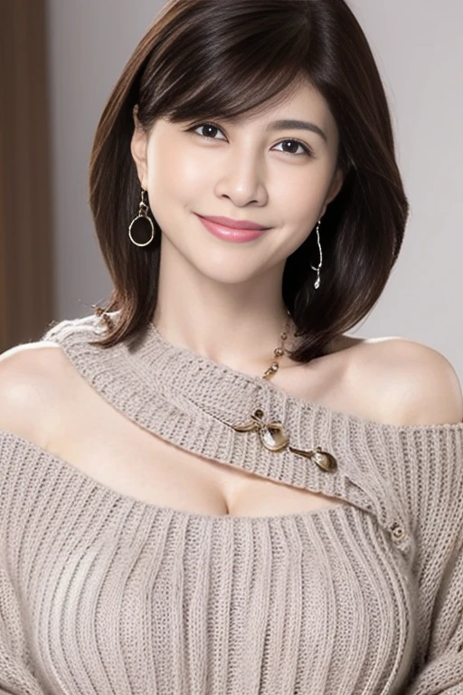  high image quality,8K images,  beautiful mature woman 、Beauty、 tight waist、 necklace、 Super Huge Boobs 、 cleavage、(((off-the-shoulder knitwear)))