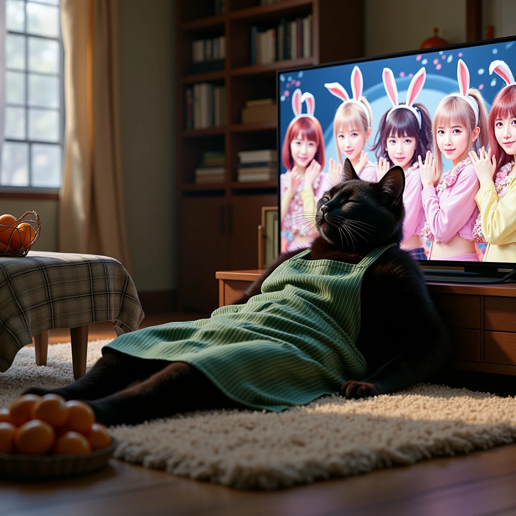 ultra-realistic, photorealistic, dramatic scene, shadow, global-illumination, the human-like giant black cat\(wearing a vertical striped green apron, sleepy, black cat, sitting on the floor at low table that covered by a heavy blanket, watching TV\), there is a low table fully covered with a light colored checked thick blanket on the large carpet in the stylish Japanese apartment room, a TV and shelf are in the room, the tv displays\(anime, cute, large circle eyes, smile, 5 girls each colored hair of pink and blue and silver and blonde and black, live performance of a cute young idol singer girl wearing a pastel colored dress with bunny's ear, blonde extra long curly hair, happy smile, cute girls, singing on stage, spot lighting\), stylish furnishings, mandarin oranges in the basket is on the low table, in winter,