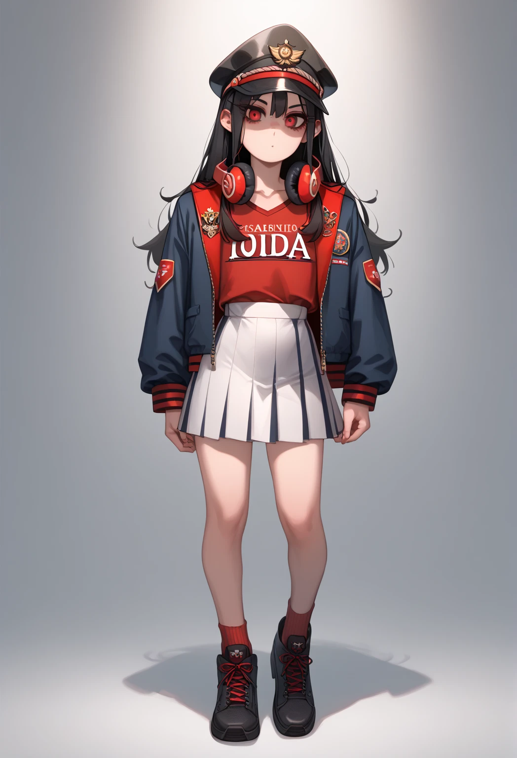 0daswim, long hair, black hair, black headwear, military hat, peaked cap, red eyes, family crest, oda uri, headphones around neck, letterman jacket, open jacket, long sleeves, red shirt, clothes writing, striped clothes, white skirt, striped skirt, short skirt, collarbone, 1 boy ,Femboy , androgynous body, tight clothing, alone , full body