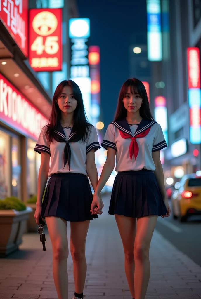 high-angle shot、Center view、Two arafe asian women in short skirts and bow ties standing on neon street in the middle of the night、Phenomenally cute schoolgirl、Japan Girl Uniform、summer clothing、Wearing Japan school uniform、Japan School Uniforms、a hyperrealistic schoolgirl、Dressed as a schoolgirl、a hyperrealistic schoolgirl、Wearing a uniform、Girl in Uniform、Wearing a uniform、Schoolgirl Pose、full body Esbian、Nice skin、glistning skin、lovely thighs、glowing thigh、Sparkling leg rack above knee socks、High School in Japan 、Nogizaka Idol、Korean Idol、Invite you inside、Inviting eyes