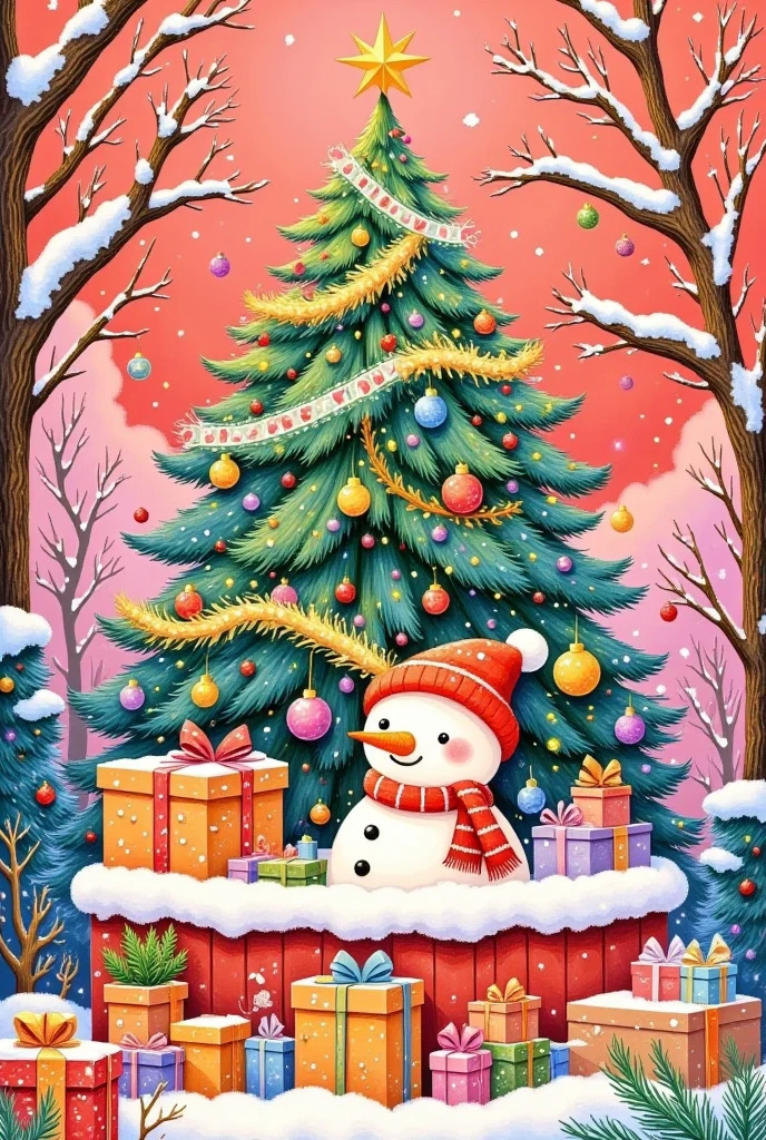 Oil painting illustration：  Christmas，It was snowing outside the window，A colorful  Christmas stocking and an adorable snowman placed inside a christmas tree on a surface covered with snow. 圣诞树上系着一个鲜艳的红色蝴蝶结,为场景增添了鲜艳的色彩. 背景是柔和的红色,营造温暖和节日的氛围.  high quality , high-resolution , Ultra Realistic , detailed,vibrant colors,冬季假期主题,Cheerful,Comfort,Artistic Expression.。粗糙的笔触和纹理 