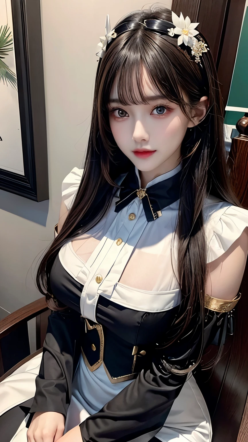 ((high quality)), ((table top), (detailed face), (highlight), female、Big breasts、blunt bangs、black hair、Are standing、combat uniform、skirt、