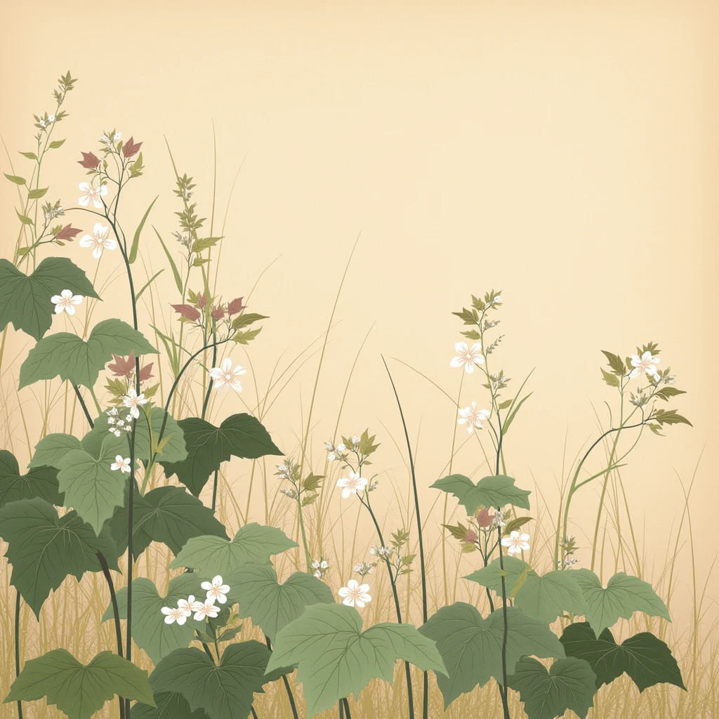 a traditional Japanese-style painting featuring delicate white flowers blooming amidst lush green foliage, inspired by classical Japanese art. The background should have a soft, muted beige tone with subtle golden accents and abstract grass-like patterns for depth. Include intricate details in the leaves, showing realistic veins and a variety of earthy green hues. Incorporate small additional plants and blossoms, maintaining a harmonious and serene composition. Use a watercolor or ink painting style to capture the elegance and tranquility of traditional Japanese aesthetics.
she is gently smiling with tilted head.