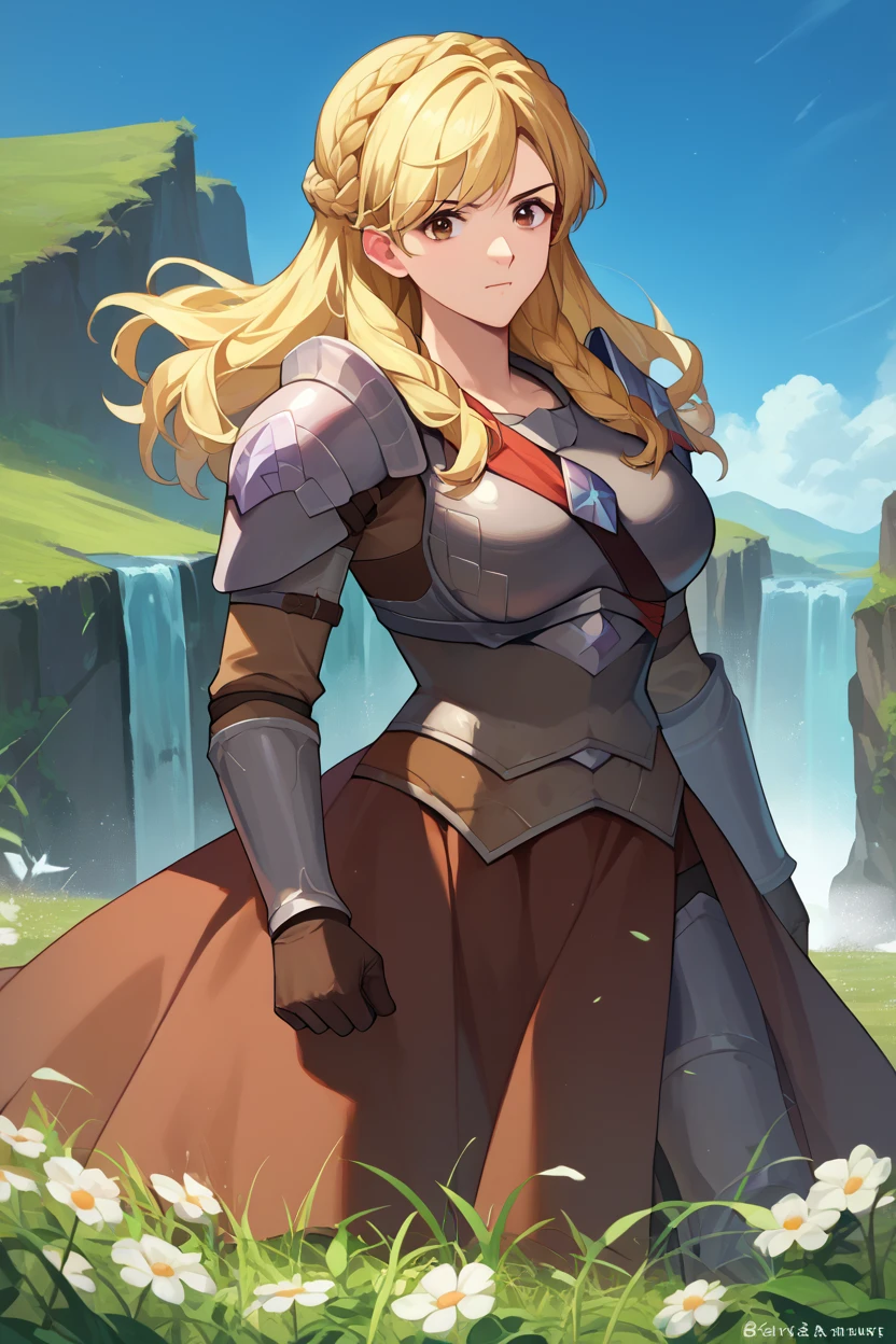 score_9, score_8_up, score_7_up, score_6_up, source_anime BREAK 1girl, solo, blonde hair, waterfall braid, medium hair, extremely curly hair, brown top, armored dress, armor, looking at you, field, blue sky, happy, big breasts, all body, serious face, mature women, brown eyes, axes in her hands