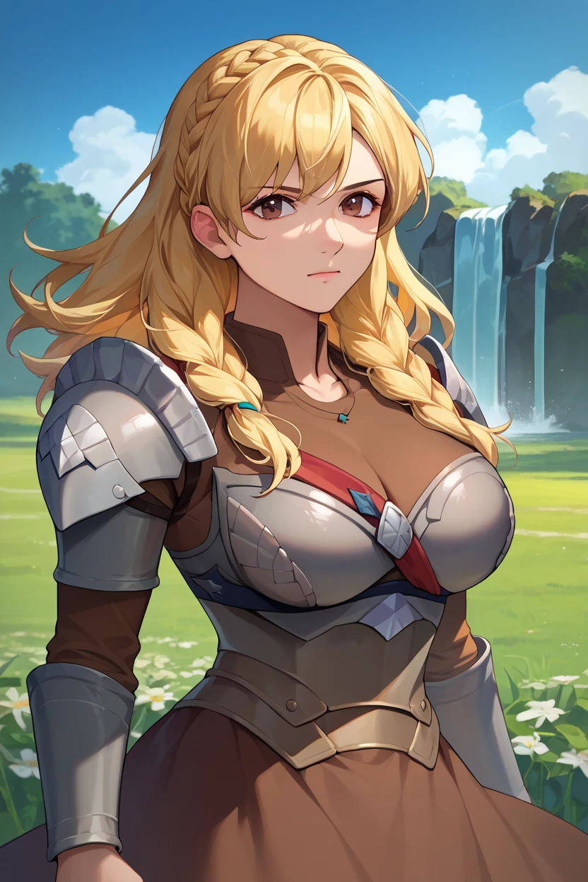 score_9, score_8_up, score_7_up, score_6_up, source_anime BREAK 1girl, solo, blonde hair, waterfall braid, medium hair, extremely curly hair, brown top, armored dress, armor, looking at you, field, blue sky, happy, big breasts, all body, serious face, mature women, brown eyes, axes in her hands