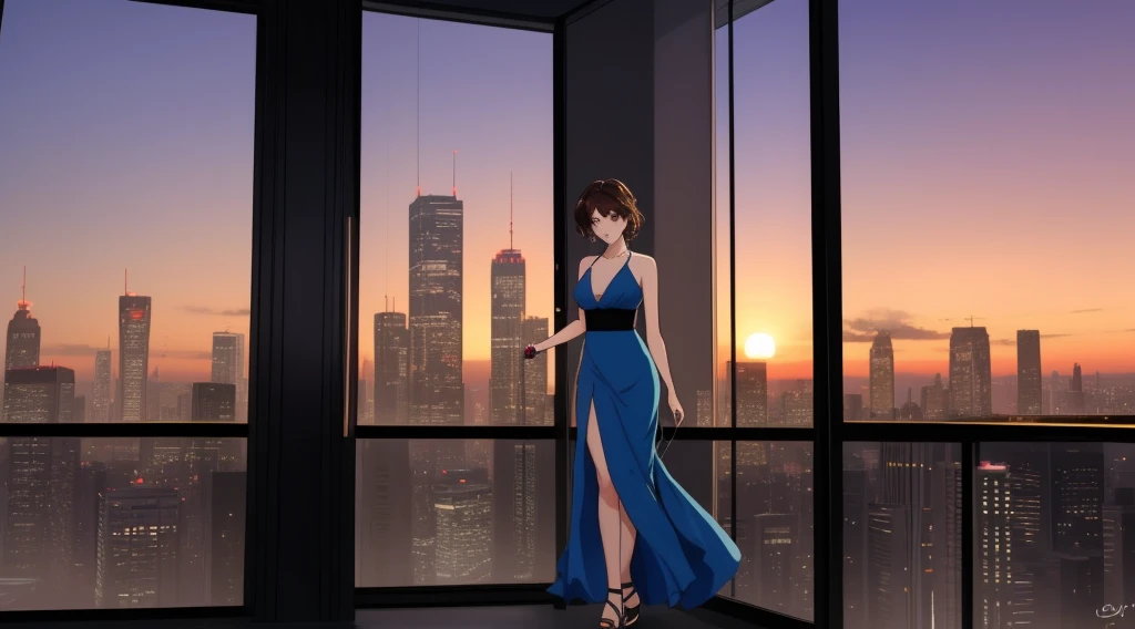 "A beautiful woman standing by a large window overlooking a futuristic city skyline during a serene sunset. She is wearing a sleek, form-fitting blue dress with thin straps, and her short, slightly messy brown hair complements her elegant yet casual style. Her posture is relaxed, leaning lightly on the window ledge with both hands, one foot slightly forward, showcasing her graceful and confident demeanor. She is wearing elegant sandal heels that add a touch of sophistication to her look. The golden hues of the sunset bathe the cityscape in warm tones, with the soft glow reflecting on the glass of the skyscrapers. The tranquil ambiance highlights the vibrant colors of the sky transitioning from orange to pink, creating a peaceful and captivating vibe."
