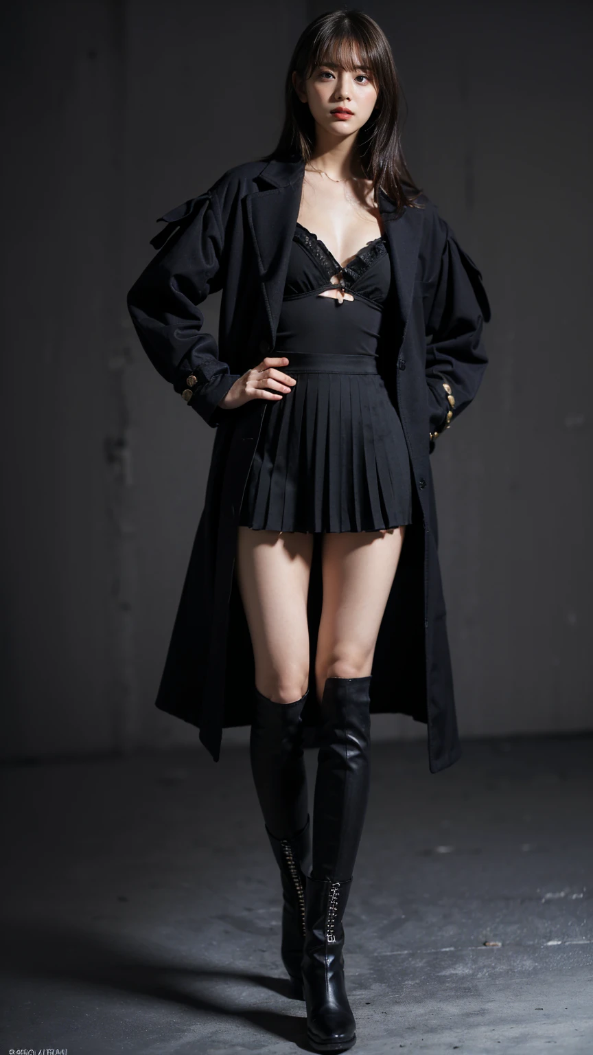 1girll,white color hair,Wear a black flower on your head,Wearing a black gauze tights,Wear a black wristband,Black lace-up heels,Wearing a black military uniform overcoat,The inside of the coat is red,perfectly proportioned, Cinematic lighting, filmgrain, Fujicolor, lightand shade contrast, 8K, 巨作, Textured skin, Super detail, hoog detail, High quality, A high resolution,