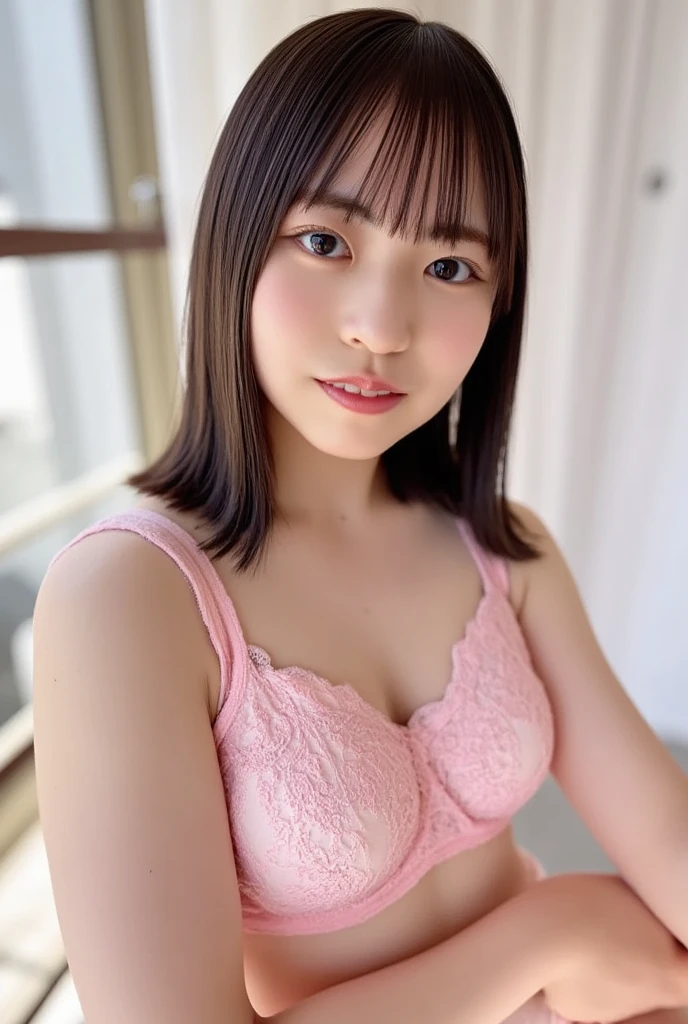 (((top-down configuration:1.4))), (best quality:1.4), (ultra highres:1.2), (photorealistic:1.4), (16k, RAW photo:1.2), (portrait shot:1.3), professional lighting, Japanese goddess, gravure, detailed face and skin texture, detailed eyes, looking at camera, nsfw, beautiful eyes, detailed eyes, beautiful face, detailed face, ((smile:1.3)), (highest quality), glowing skin, (smooth lighting:1.2), (cinema lighting:1.2), (brown long hair), (bangs:1.4), ((pink lingerie:1.3)), (pink bra:1.3), (pink lace bra:1.3), cleavage, ((large breasts:1.5)), navel, (pink lace pantie:1.4), (bare thighs:1.2), bare legs, stand, arms up, (emphasize armpit:1.4), (in the shiny house)