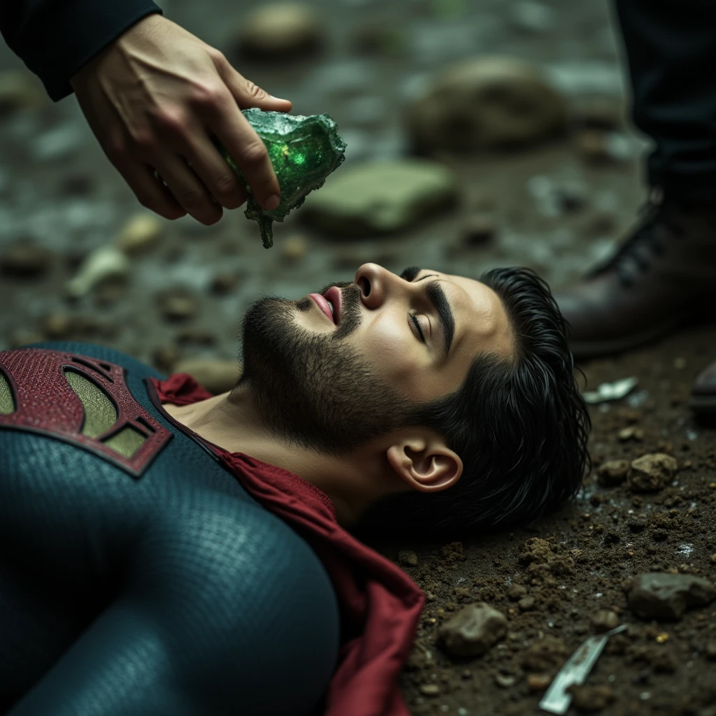 cody Christian, Superman with a short beard ,  sitting on a floor covered with mud ,  almost unconscious with his eyes closed ,  with a very painful expression ,  you can see someone else's hand holding a shiny green translucent crystal that is irregularly shaped.