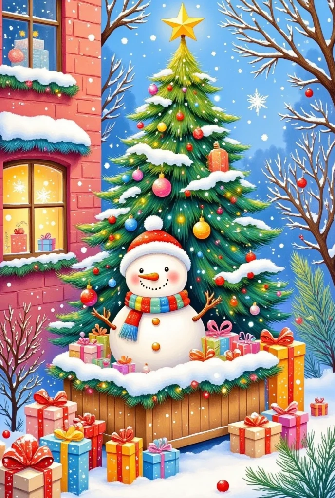 Oil painting illustration：  Christmas，It was snowing outside the window，A colorful  Christmas stocking and an adorable snowman placed inside a christmas tree on a surface covered with snow. 圣诞树上系着一个鲜艳的红色蝴蝶结,为场景增添了鲜艳的色彩. 背景是柔和的红色,营造温暖和节日的氛围.  high quality , high-resolution , Ultra Realistic , detailed,vibrant colors,冬季假期主题,Cheerful,Comfort,Artistic Expression.。粗糙的笔触和纹理 