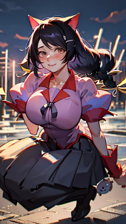 Hanekawa Wings      、Glass   、              black hairの三つ編み、     black hair,               brown eyes  , Round face), Big Breasts, With ribbon, (blush your nose, mischief,               Half Open Eyes          ,  From the knees), [                            full body shot                 ]、、((        masterpiece        )), (( top quality)), (              super detailed          ), ((      cute)),       cute, ( Nice), ((              very detailed)), 4K, (8k),  top quality、    