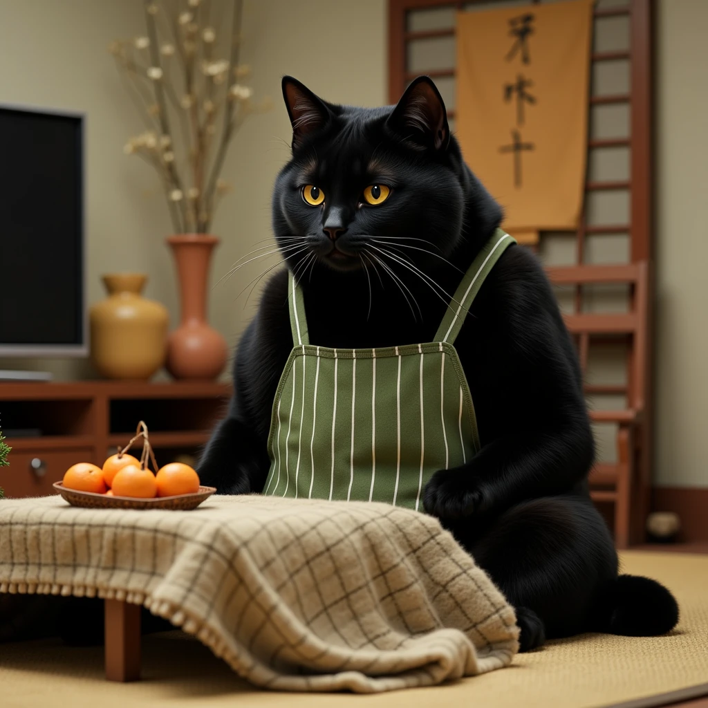 ultra-realistic, photorealistic, dramatic scene, shadow, global-illumination, the human-like giant black cat\(wearing a vertical striped green apron, sleepy, black cat, sitting on the floor at low table that covered by a heavy blanket, watching TV\), there is a low table fully covered with a light colored checked thick blanket on the large carpet in the stylish Japanese apartment room, a TV and shelf are in the room, stylish furnishings, mandarin oranges in the basket is on the low table, in winter, 