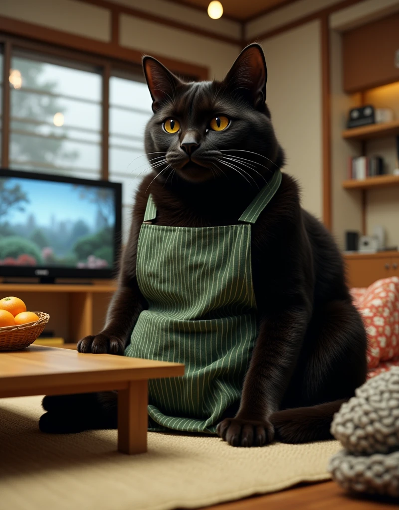 ultra-realistic, photorealistic, dramatic scene, shadow, global-illumination, the human-like giant black cat\(wearing a vertical striped green apron, sleepy, black cat, sitting on the floor at low table that covered by a heavy blanket, watching TV\), there is a low table fully covered with a light colored checked thick blanket on the large carpet in the stylish Japanese apartment room, a TV and shelf are in the room, stylish furnishings, mandarin oranges in the basket is on the low table, in winter, 