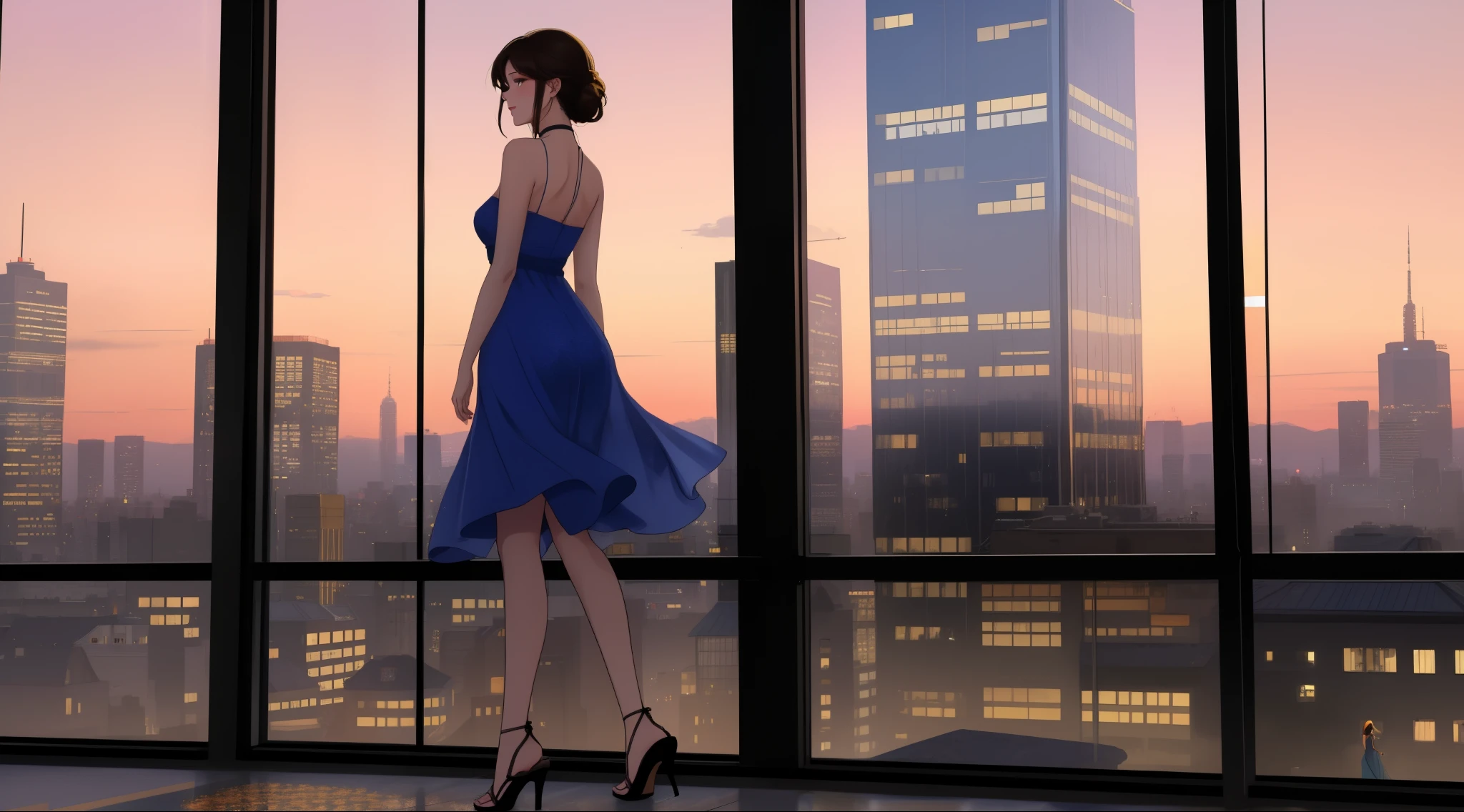 "A beautiful woman standing by a large window overlooking a futuristic city skyline during a serene sunset. She is wearing a sleek, form-fitting blue dress with thin straps, and her short, slightly messy brown hair complements her elegant yet casual style. Her posture is relaxed, leaning lightly on the window ledge with both hands, one foot slightly forward, showcasing her graceful and confident demeanor. She is wearing elegant sandal heels that add a touch of sophistication to her look. The golden hues of the sunset bathe the cityscape in warm tones, with the soft glow reflecting on the glass of the skyscrapers. The tranquil ambiance highlights the vibrant colors of the sky transitioning from orange to pink, creating a peaceful and captivating vibe."
