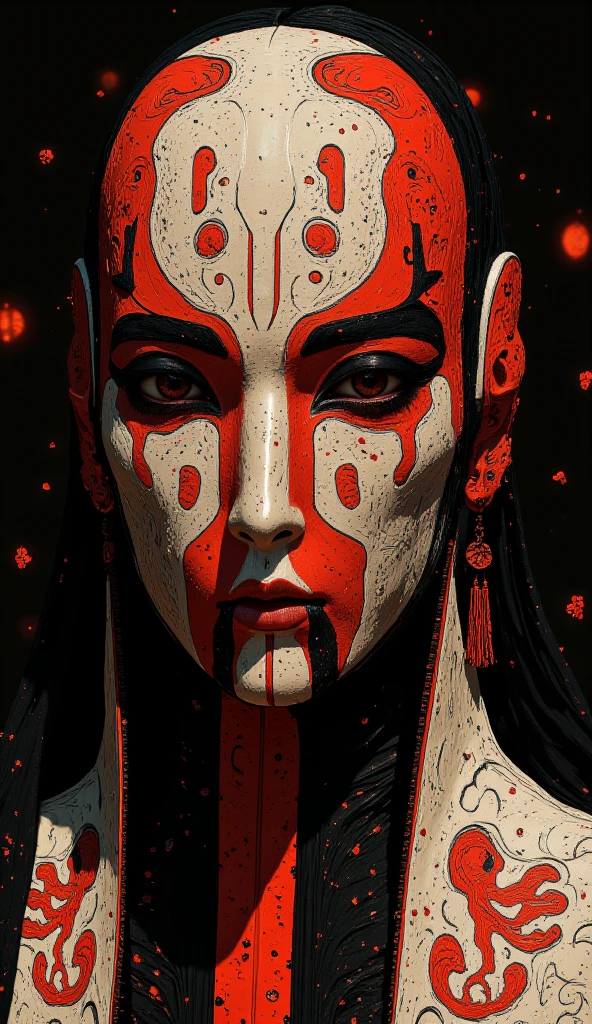 red and white face paint by wysi, in the style of futuristic victorian, japanese-inspired art, zbrush, mark brooks, wiccan, harmonious coloration, japanese-inspired --ar 14:25 --v 6.0