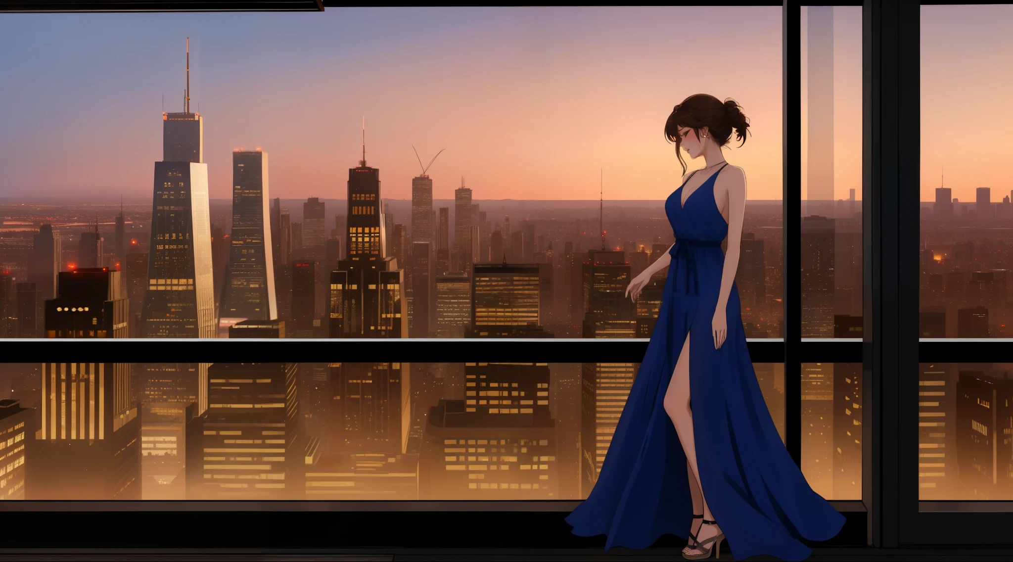 "A beautiful woman standing by a large window overlooking a futuristic city skyline during a serene sunset. She is wearing a sleek, form-fitting blue dress with thin straps, and her short, slightly messy brown hair complements her elegant yet casual style. Her posture is relaxed, leaning lightly on the window ledge with both hands, one foot slightly forward, showcasing her graceful and confident demeanor. She is wearing elegant sandal heels that add a touch of sophistication to her look. The golden hues of the sunset bathe the cityscape in warm tones, with the soft glow reflecting on the glass of the skyscrapers. The tranquil ambiance highlights the vibrant colors of the sky transitioning from orange to pink, creating a peaceful and captivating vibe."
