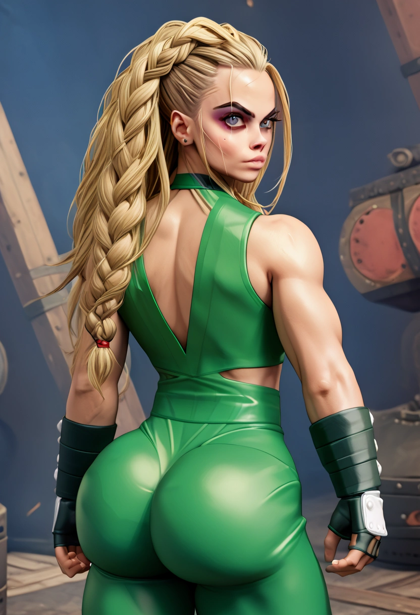 Cara Delevingne cosplays as Cammy Street Fighter from her big, fat hips with well-defined abs, to her long blonde braids, to her beautiful body, very thick, fat and muscular thighs, well-shaped and toned hips. slim waist with her small and tight micro bory well-shaped one-piece army green color, she has her back to me with one hand on her waist and the other making a peace sign looking back, camera [8k realistic, 60 megapixels, ultra realistic quality next generation, photo, cinematic, 3D rendering, cinematic, photo, poster big ass booty  culo grande 