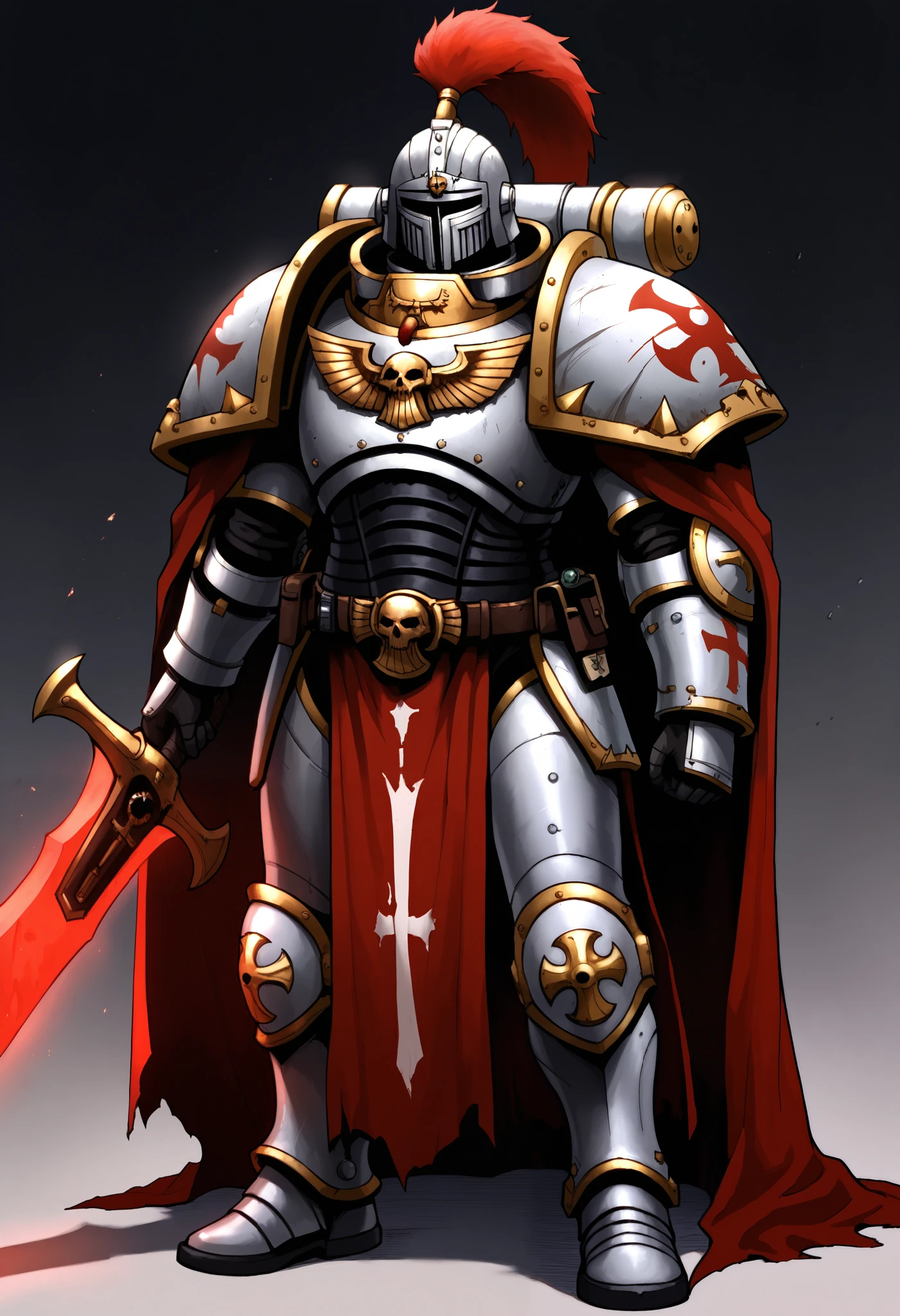 Anime, Concept art, Absurd resolution, high resolution, (masterpiece: 1.4), hyper-detail, warhammer 40k terminator armor, Juggernaut armor, heavy armor, knight, crusader, full body, glowing weapon, cloak, silver armor, edgy, grimdark, octosoup, 1man, bulky, buff, horror theme, adeptus custodes: 1.5, red plume, loin cloth, crusade helmet,