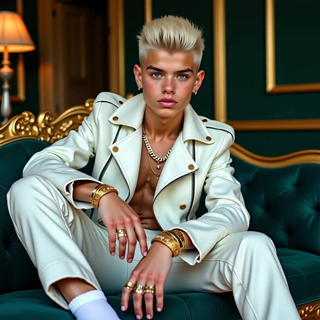 full view full body, in a luxurious mansion in Florida, a 19yo ripped massively muscular hulky bodybuilder white european femboy baptist boy, with blonde undercut preppy haircut, wearing a a rainboy crop-top, white "tutu", long white socks whith rainbow stripes, ballet shoes, and golden cross necklace, dozens of golden rings and bracelets, piercings, holding a bible, showing off his socks