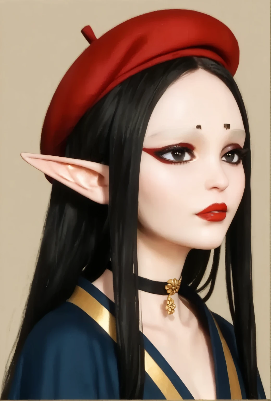 Create a portrait illustration of a petite, European, elf-like female character with regal features. (oval-shaped face), (small eyebrows), (expressive almond-shaped eyes), (dark eyeliner), (long bold eyelashes), (glossy red lips), (black eyes), (full lips), (small upturned nose), (elegant and dramatic look), (pale complexion), (rosy cheeks), (long straight black hair), (sleek and polished), (absurdly long hair), (elongated pointed elf ears), (fantasy aesthetic). (navy-blue kimono), (red beret), (gold accents), (minimalistic yet regal), (white collar layered beneath navy-blue fabric), (gold trim along edges), (decorative red and white obi), (dark blue seigaiha wave motifs), (sophisticated traditional design), (black choker), (modern contrast with traditional attire), (calm and contemplative), (air of mystique), (traditional Japanese clothing), (fantasy modern fusion), (balanced and captivating visual identity), (refined anime realism), (clean rendering), (ultra-detailed textures), (polished finish), (glossy finish), (dramatic lighting), (8K resolution).