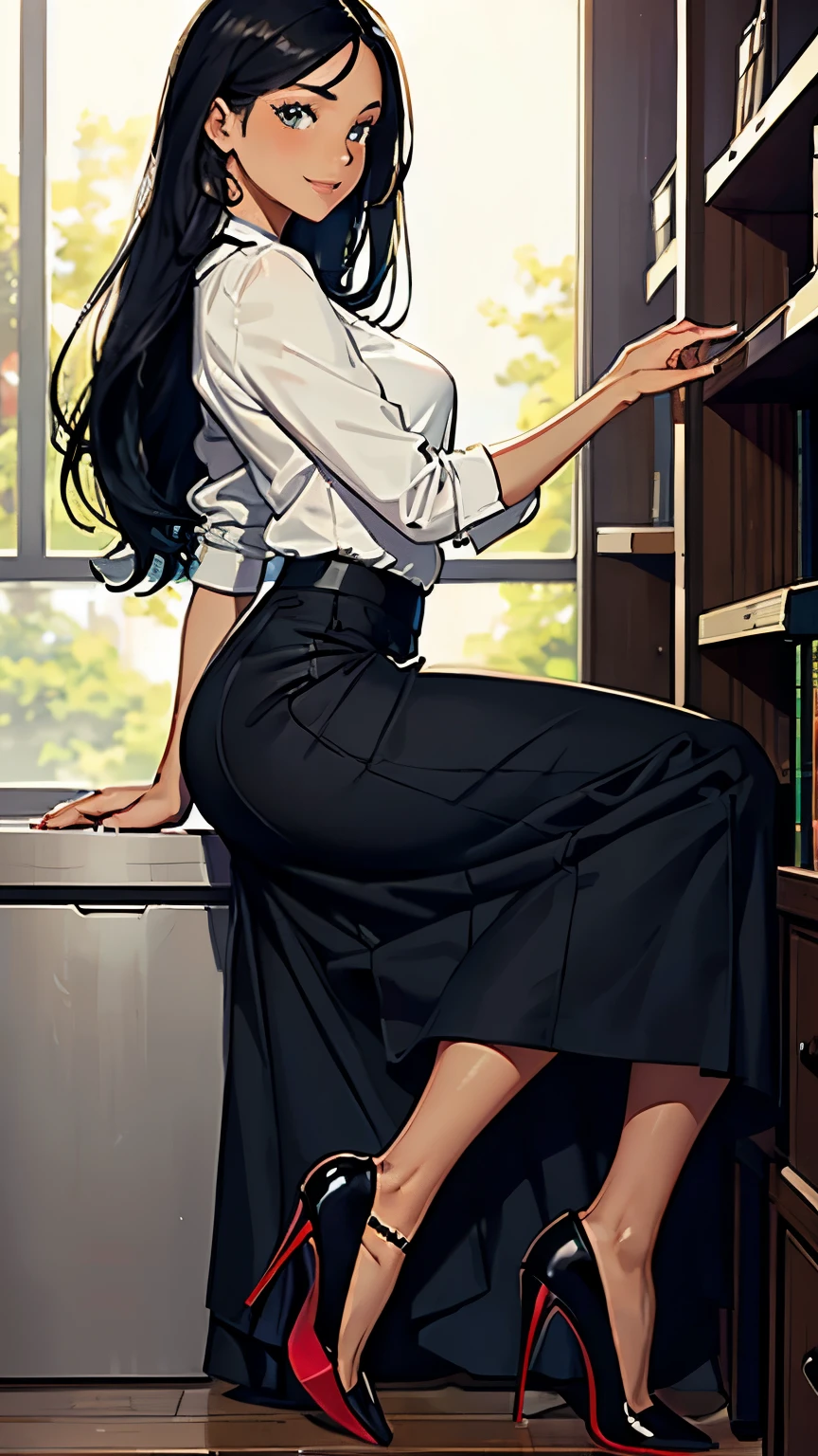 ((masterpiece, high resolution, better quality, better details)), ((Smiling)), ((one girl)) a girl speaking on the phone at a desk, full body, wearing a button-up blouse and wide-leg trousers, ((Louboutin high heels)), visible high heels, green eyes, ((black hair, long hair)), shiny skin, ((behind view)), solo, from behind, full body, focus full body, business casual, surrounded by office supplies