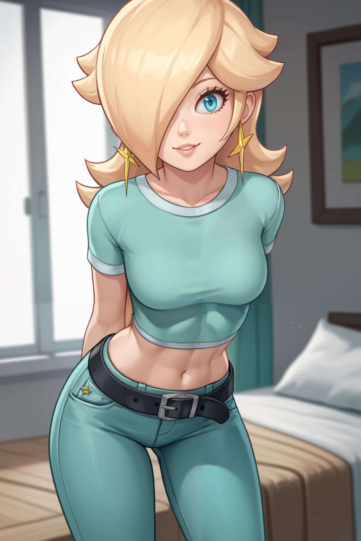 score_9, score_8_up, score_7_up, source_anime, rosalina, blonde hair, blue eyes, hair over one eye, long hair, star earrings, solo, cowboy shot, black t-shirt, taut clothes, tight shirt, midriff, navel, jeans, black belt, smile, leaning forward, arms behind back
