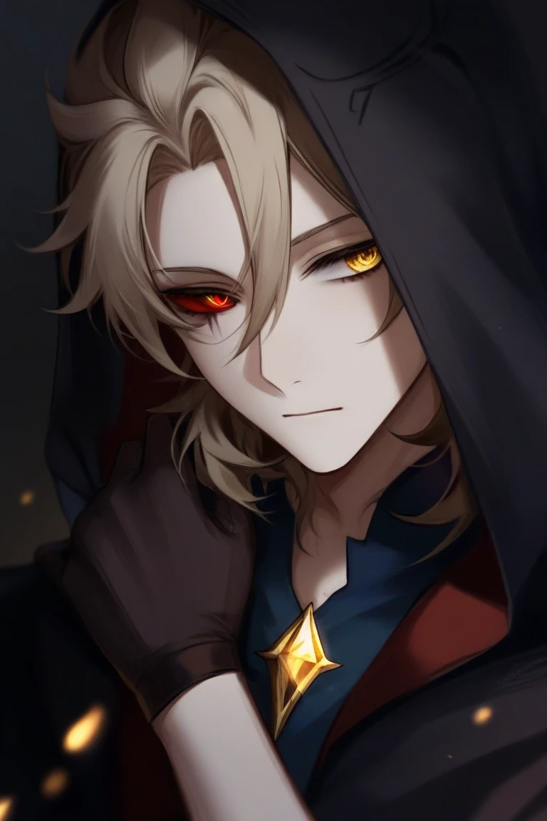  masterpiece fails. 1 character.  male character. albedo из genshin impact.  light skin .  golden blonde hair, slightly wavy.  red sclera, pupils are missing, thin eyes.  neutral facial expression .  looking away. small gold diamond on the neck .  dark clothes .  dark gloves .  dark background, hellish background. one character. 