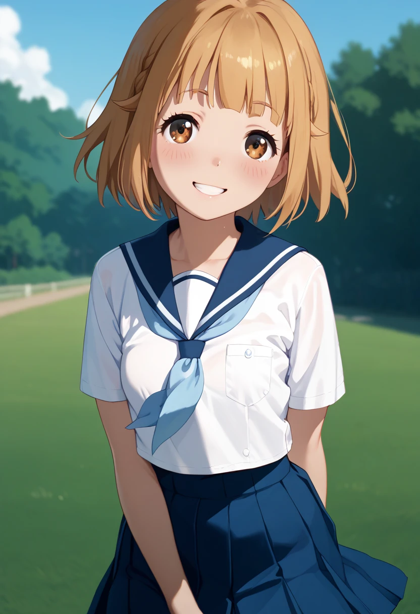 best quality, high resolution, 8k, solo, ((blush)), small breasts, (tsurugi hina, school uniform), smile