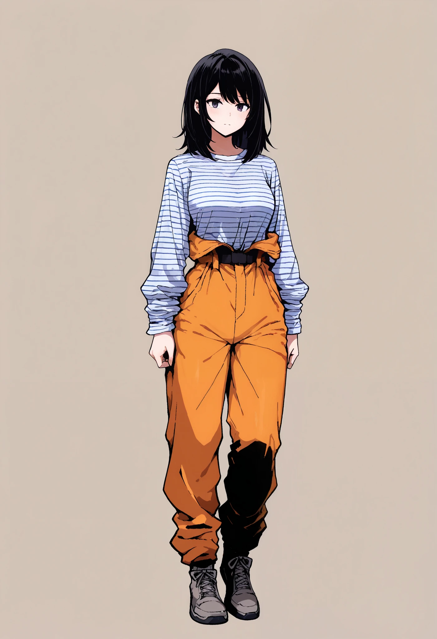 Anime, concept art, Absurd resolution, high resolution, (masterpiece: 1.4), hyper-detail, octosoup, 1woman, mthwshanya, medium hair, black hair, black eyesblue, jumpsuit, long sleeves, striped shirt, full body,