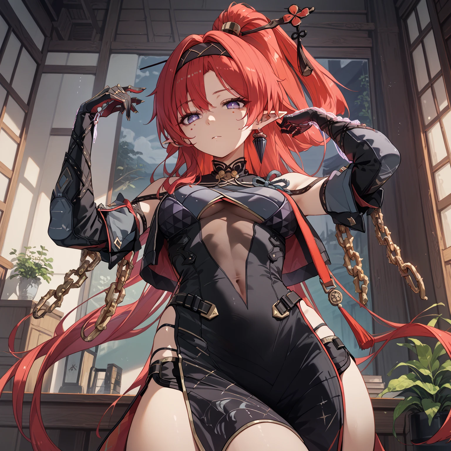 yinlin, purple eyes, pointy ears, red hair, absurdly long hair, high ponytail, hairband, hairpin, tassel, earring, mole, mole under eyes, katsuyamamage, detached sleeves, bare shoulders, black bodysuit, black gloves, black shorts, bodysuit, covered navel, elbow gloves, jewelry, pelvic curtain, short shorts, side slit, stand, Confident pose, Room, Displeased face, Beautiful view, good atmosphere, Thigh