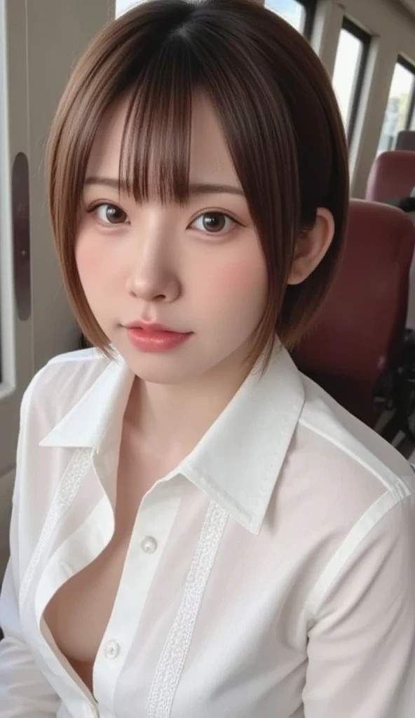 photo taken from above, formal white blouse, open top buttons, down blouse, nip slip , sitting in a train, short hair, very short hair, UHD, masterpiece, anatomically correct, super detail, textured skin, highres, best quality, 16k, full body, whole body.