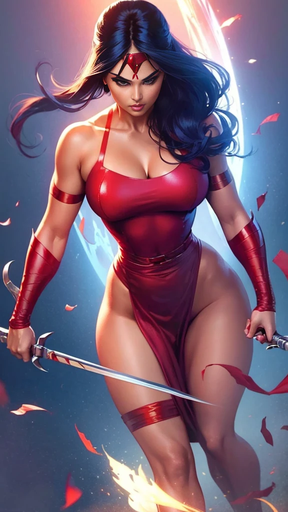 (( top quality)), ((masterpiece)), (detail), heavenly beauty Aishwarya , perfect facial detail , perfect finger details,fit curvy body , Beautiful legs,Woman Act as superhero Elektra Marvel, fighting action, Elektra vs akuma,Elektra Marvel movie