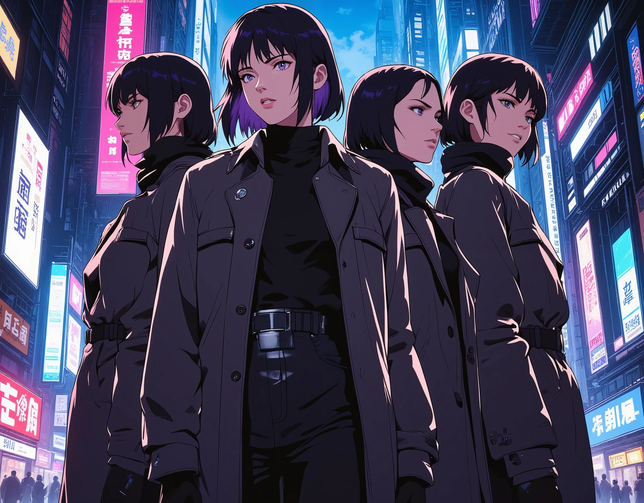 (maSterpiece:1.2,EXCEPTIONAL QUALITY ,Mirror finish, Cinematic Experience),8k,16k,wallpaper,( future fashion:2.0),( trench coat and scarf:2.0),4 different images of women in trench coats and scarves, realistic art style , Realistic Art Style , ANIME REALISM STYLE , Realistic Anime-Inspired Art , realistic anime art style, anime style to cover left eye,( Criminal drama style:2.0),( cyberpunk:2.0),(Neon Art:2.0),( Future Female Cops:2.0),(Ghost in the Shell style :2.0)