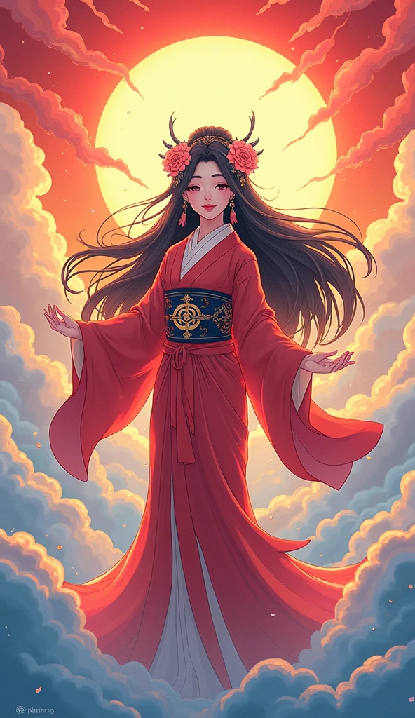  Beautiful Goddess Amaterasu, whole body, Japan's highest goddess ,  A gentle face,  beautiful dark hair, Takamagahara prayer, Vivid Rainbow Clouds ,  high image quality, masterpiece, Cartoon Art, 