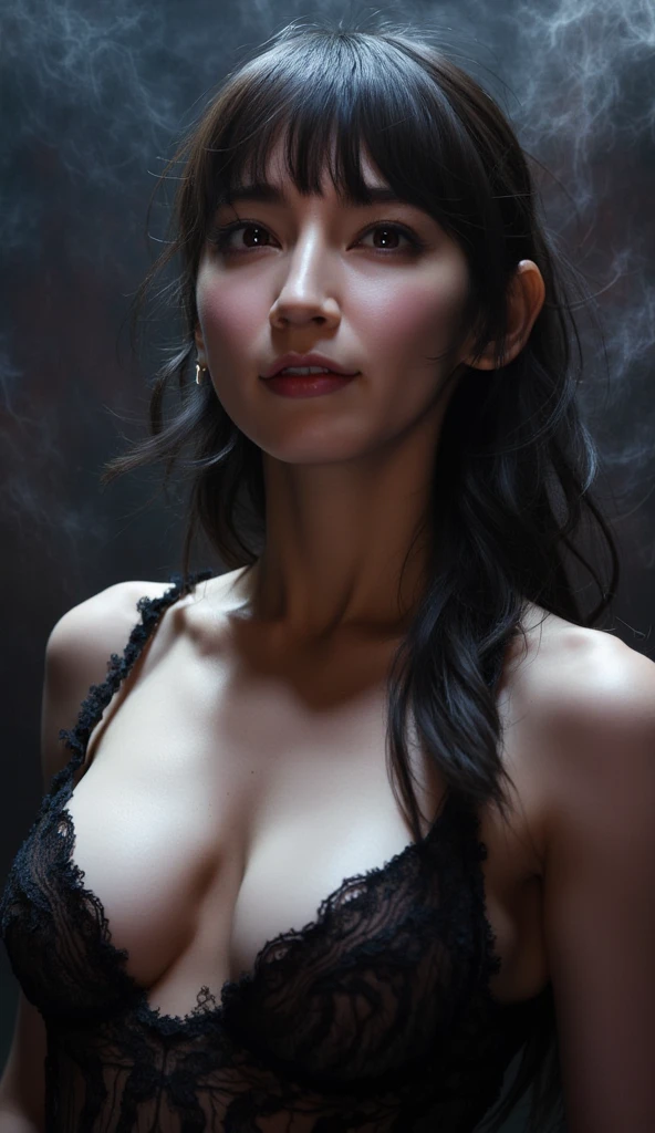 Top quality photo of sexy beautiful woman in front of wall covered with flowers:1.2),(Luis Royo, fantasy and erotic, :1.2),beautiful and stylish woman, Surreal portrait of a beautiful girl, Glowing, natural skin texture,(Particles of light are floating ), (complete anatomy:1.2),(perfect female body:1.3),close-up photo, Glowing, natural skin texture, fantasy art, soft front lighting, beautiful expression, Cute face,(overly detailed face, looking at viewer), detailed eyes, black eye, shiny lips ,beautiful breasts, big bust: 1.2, good eyes, clear and eye-catching, beautiful and fascinating, beautiful eyes, thin waist, physically thin, Beautiful appearance, red lips, ((black hair, long hair)) , 1 screen view, (sexy posture),((((all nude ,lots of pubic hair)))),(smile),(best quality, table top, very detailed, Ultra A high resolution, realistic, RAW photos, absurd, absolute resolution:1.4),((There is a lot of gap between the crotch)),(((back,100%Look back))),