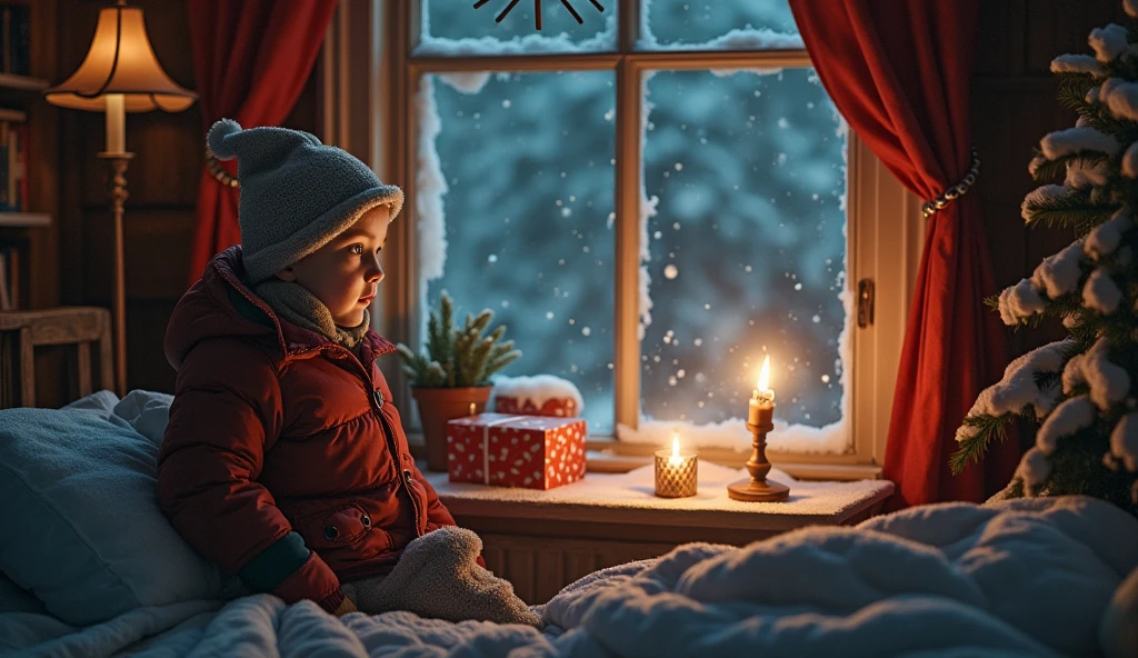 (Numerous award-winning masterpieces, with incredible detail, textures and maximum detail),the best picture quality, Masterpiece,Best Quality, official arts,extremely detailed CG unity 8k wallpaper,Light retro color,RISO Print Style,illustartion, winter, Cute, 1beautiful teenager, , European-looking, (face perfect:1.3), blue eyes, glossy brown hair, long dress, long sleeves, ((Drinks a cup of hot chocolate:1.2)) ((sits at a table near the windowsill in a compartment in old time style)), ((( looking through the window:1.5))), cozy seats, cushions, train is moving someplace else, ,festive Christmas season,idillic landscape, piecefull nature scenery, ((candles, small christmas tree, christmas cakes and a lantern on the table)), snowy trees outside and a cottage outside the window, surrounded by magical winter light, all embodying New Year's holiday magic and miracle, magical atmosphere everywhere, a storybook illustration, fantasy art, Christmas decorations ((christmas decoraion everywhere)), Faraway view,view from above