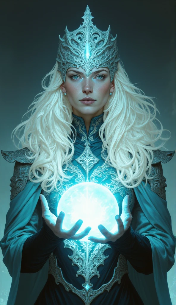 upper body portrait of a female with long white hair, she is holding a glowing orb, ethereal, whimsical