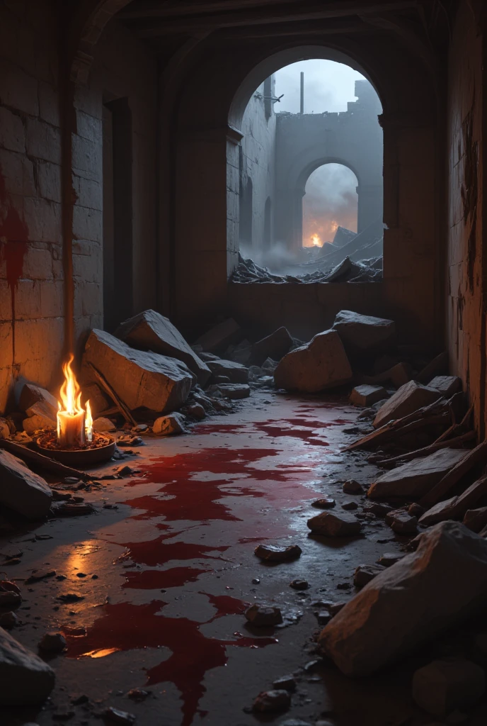  inside the ruins where candlelight is illuminated、Blood pools are scattered 