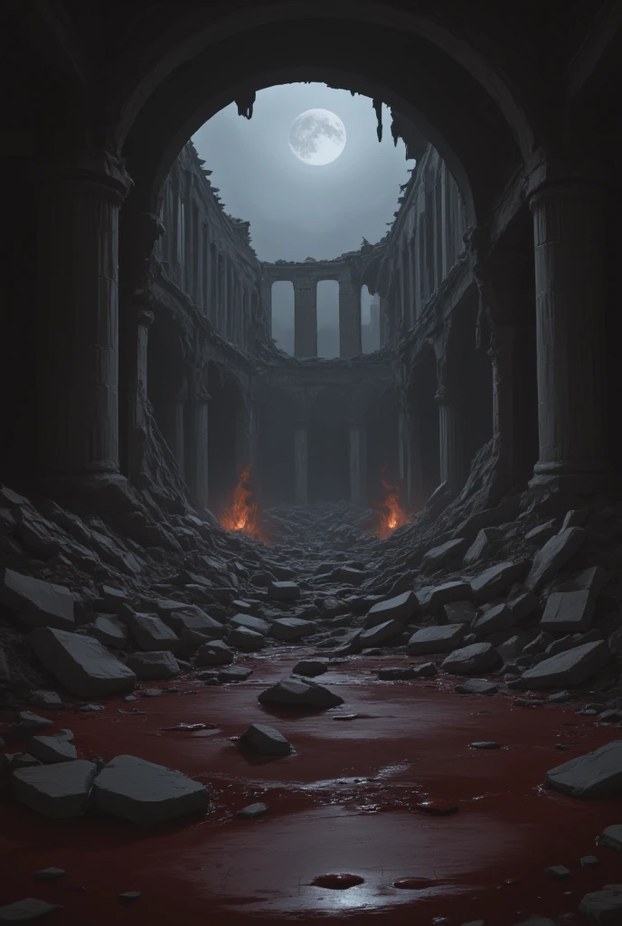  inside the ruins where candlelight is illuminated、Blood pools are scattered 