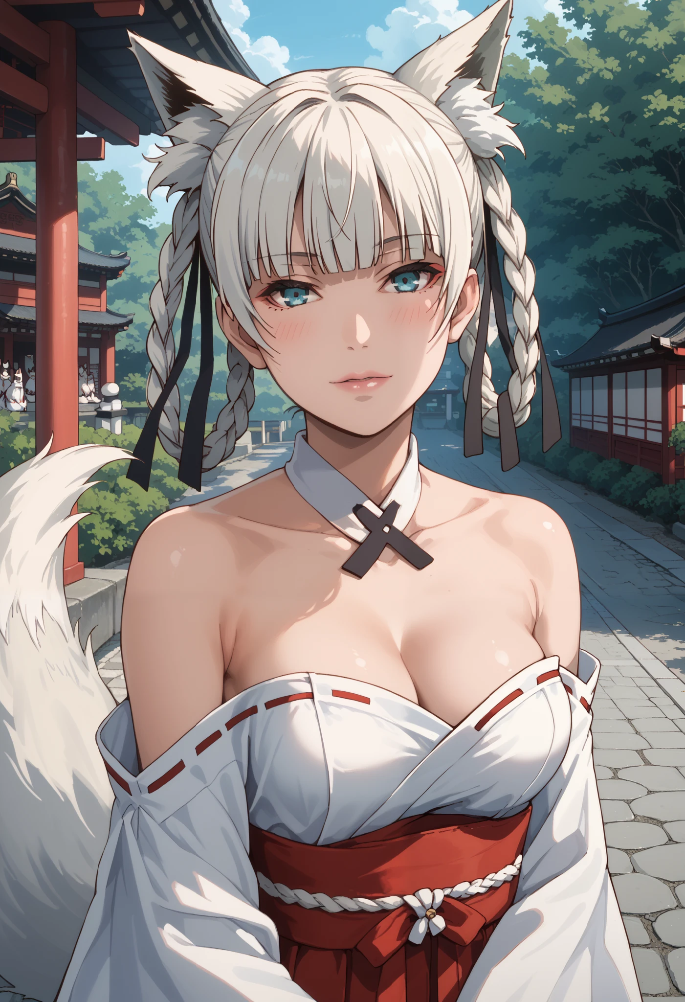 Score_9, score_8_up, score_7_up, score_6_up, source_anime, rating:general, 1girl, kirari momobami, white hair, braided hair, stunning blue eyes, pale skin, blush, perfect lips, sultry look, looking at viewer, sexy strapless shrine maiden outfit, lacy trim, kitsune, medium sized breasts, exposed shoulders, exposed breasts, cleavage, traditional Japanese garden, outdoors, solo, 8k quality, vivid colors, perfect shadowing, perfect lighting, cowboy shot, looking at viewer, SmokeyAura, Aura, Smoke, blazing aura, kitsune mask, fox tail