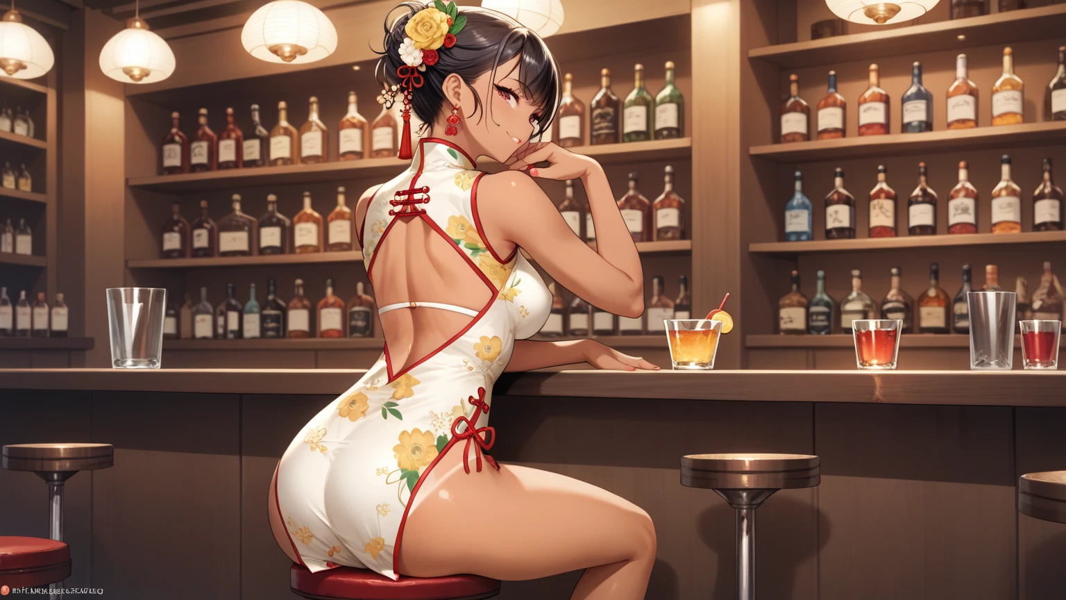 rating_safe, score_9, score_8_up, score_7_up, source_anime, masterpiece, best quality, solo, 1girl, wondering face, firm breasts(she is wearing red hugging cheongsam,yellow floral, tan) ( sitting on bar counter, rear shot view) see butt and hip, lough bar Tokyo, (Japan), best quality, 8k,