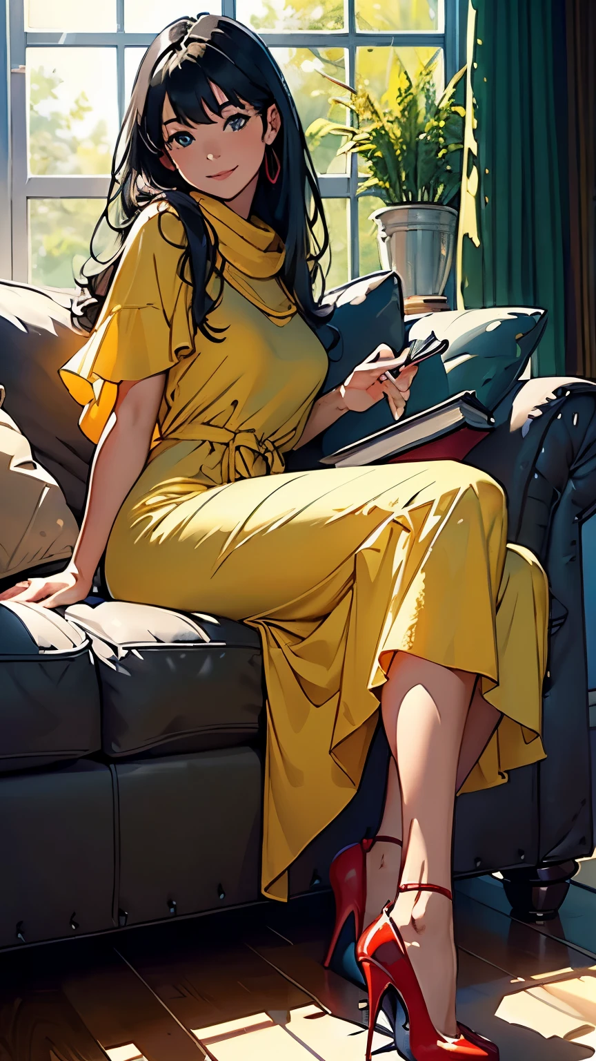 ((masterpiece, high resolution, better quality, better details)), ((Smiling)), ((one girl)) a girl speaking on the phone at a desk, full body, wearing a button-up blouse and wide-leg trousers, ((Louboutin high heels)), visible high heels, green eyes, ((black hair, long hair)), shiny skin, ((behind view)), solo, from behind, full body, focus full body, business casual, surrounded by office supplies