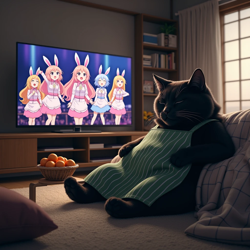 ultra-realistic, photorealistic, dramatic scene, shadow, global-illumination, the human-like giant black cat\(wearing a vertical striped green apron, sleepy, black cat, sitting on the floor at low table that covered by a heavy blanket, watching TV\), there is a low table fully covered with a light colored checked thick blanket on the large carpet in the stylish Japanese apartment room, a TV and shelf are in the room, the tv displays\(anime, cute anime, detailed large circle eyes, smile, 5 girls each colored extra long curly hair of pink and blue and silver and blonde and black with bunny's long eyes, live performance of a cute young idol singer girl wearing a pastel colored dress, bunny's ear, happy smile, cute girls, singing on stage, spot lighting\), stylish furnishings, mandarin oranges in the basket is on the low table, in winter,