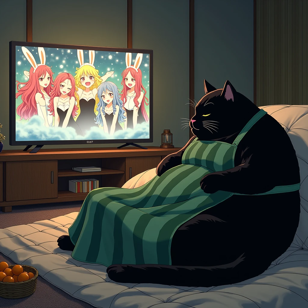 ultra-realistic, photorealistic, dramatic scene, shadow, global-illumination, the human-like giant black cat\(wearing a vertical striped green apron, sleepy, black cat, sitting on the floor at low table that covered by a heavy blanket, watching TV\), there is a low table fully covered with a light colored checked thick blanket on the large carpet in the stylish Japanese apartment room, a TV and shelf are in the room, the tv displays\(anime, cute anime, detailed large circle eyes, smile, 5 girls each colored extra long curly hair of pink and blue and silver and blonde and black with bunny's long eyes, live performance of a cute young idol singer girl wearing a pastel colored dress, bunny's ear, happy smile, cute girls, singing on stage, spot lighting\), stylish furnishings, mandarin oranges in the basket is on the low table, in winter,