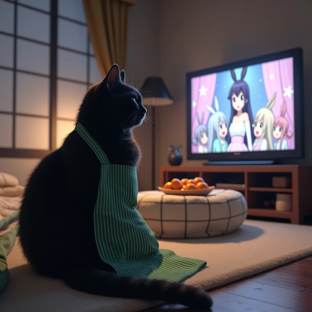 ultra-realistic, photorealistic, dramatic scene, shadow, global-illumination, the human-like giant black cat\(wearing a vertical striped green apron, sleepy, black cat, sitting on the floor at low table that covered by a heavy blanket, watching TV\), there is a low table fully covered with a light colored checked thick blanket on the large carpet in the stylish Japanese apartment room, a TV and shelf are in the room, the tv displays\(anime, cute anime, detailed large circle eyes, smile, 5 girls each colored extra long curly hair of pink and blue and silver and blonde and black with bunny's long eyes, live performance of a cute young idol singer girl wearing a pastel colored dress, bunny's ear, happy smile, cute girls, singing on stage, spot lighting\), stylish furnishings, mandarin oranges in the basket is on the low table, in winter,